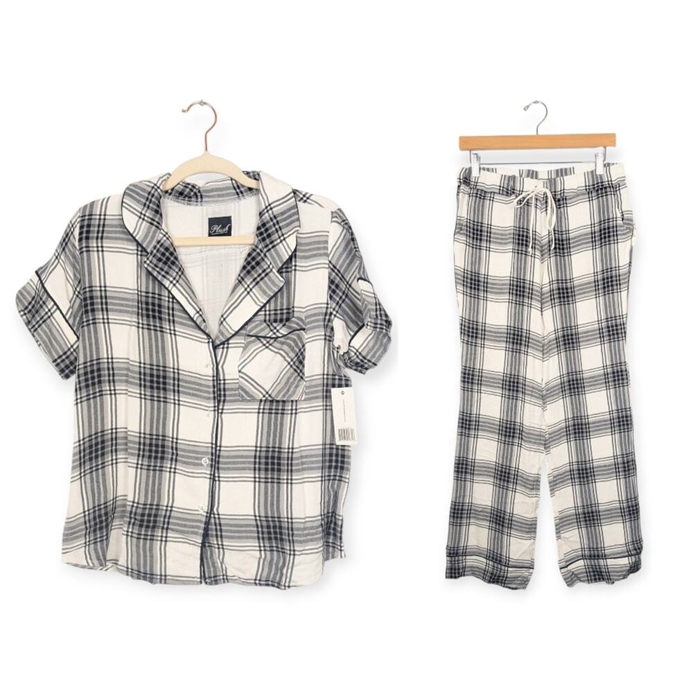 Plush Apparel Pajama Set XS Black White Plaid Ultra Soft Sleep Lounge Cozy NWT